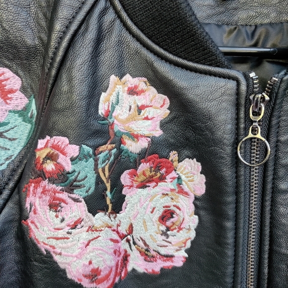 Joe's Collection Floral Embroidered Black Faux Leather Bomber Jacket - Picture 5 of 15